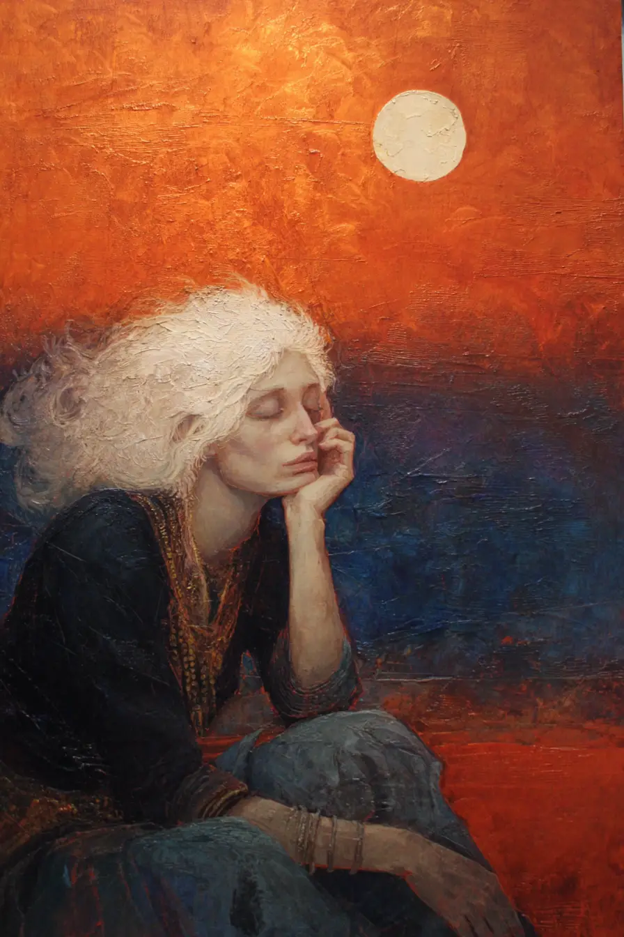 Sad bohemian woman under a glowing moon at dusk