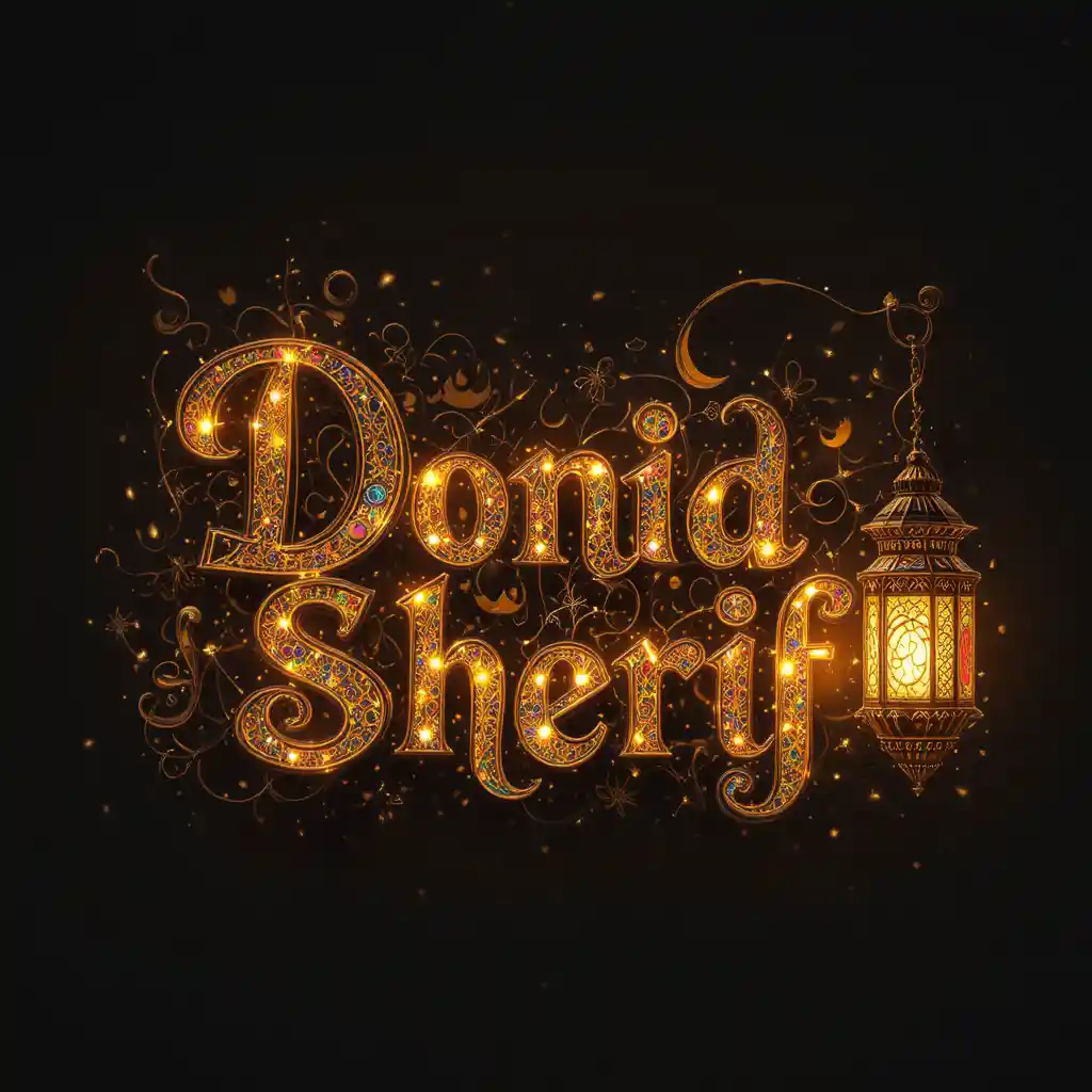 라마단 초승달과 랜턴이 어우러진 장식적인 Donia Sherif 레터링