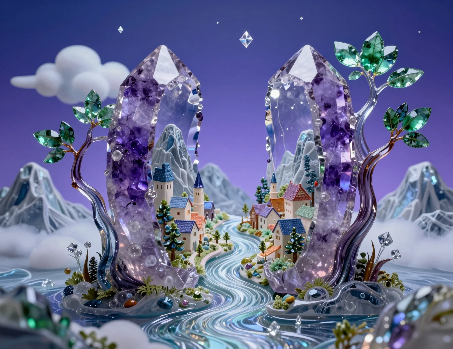 Miniature Crystal Village In A Luminous Glass Landscape