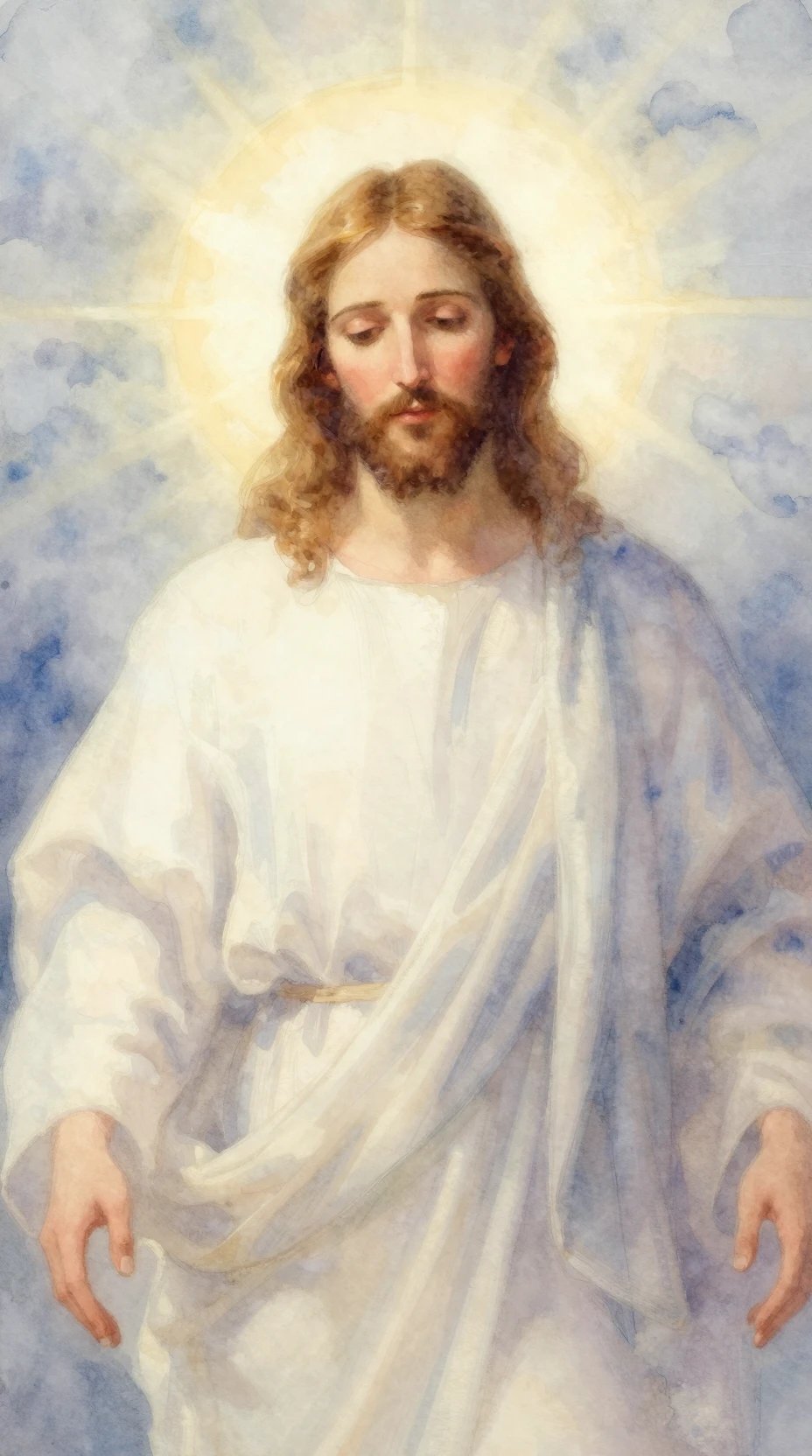 Serene watercolor portrait of Jesus with ethereal glow