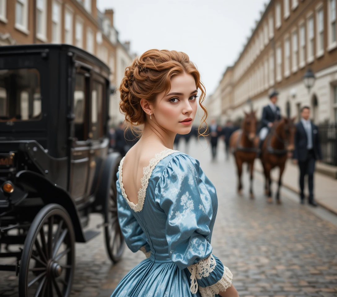 Regency era girl in blue gown on cobblestone street