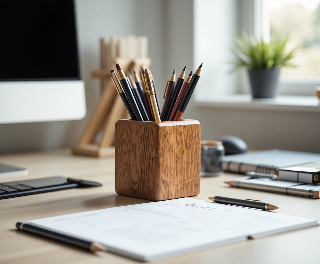 Wooden pen holder with stationery on minimalist home office desk