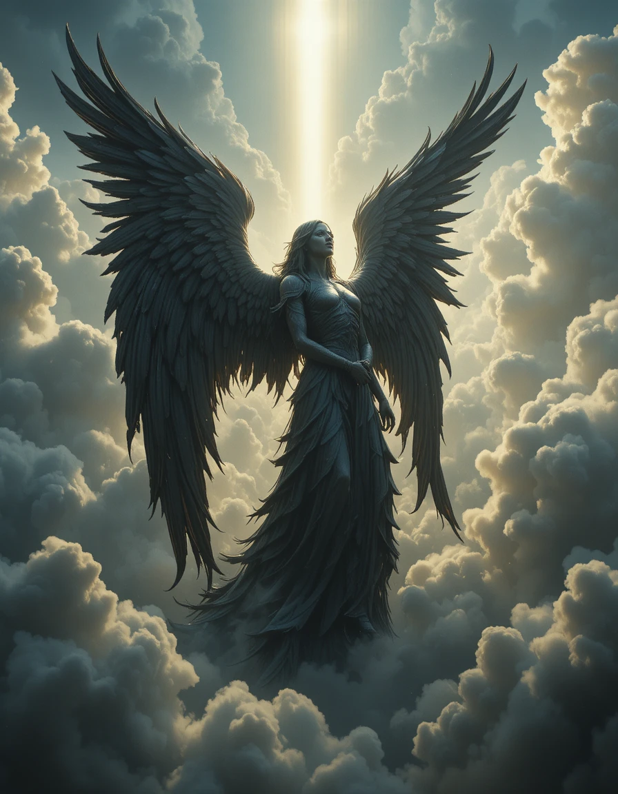 Winged ebony angel in dramatic backlit cloudy sky