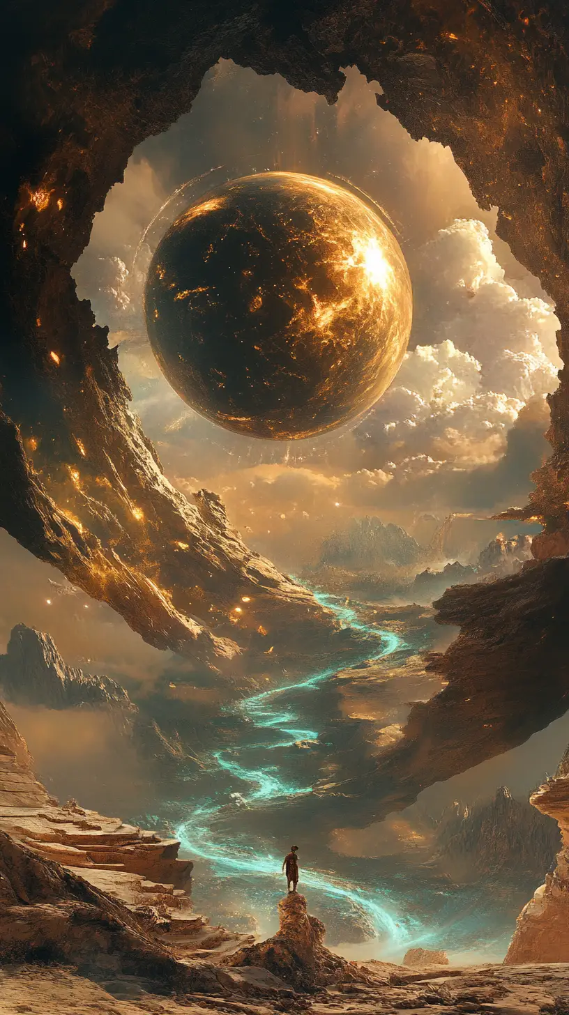Surreal cosmic portal with floating sphere and golden key