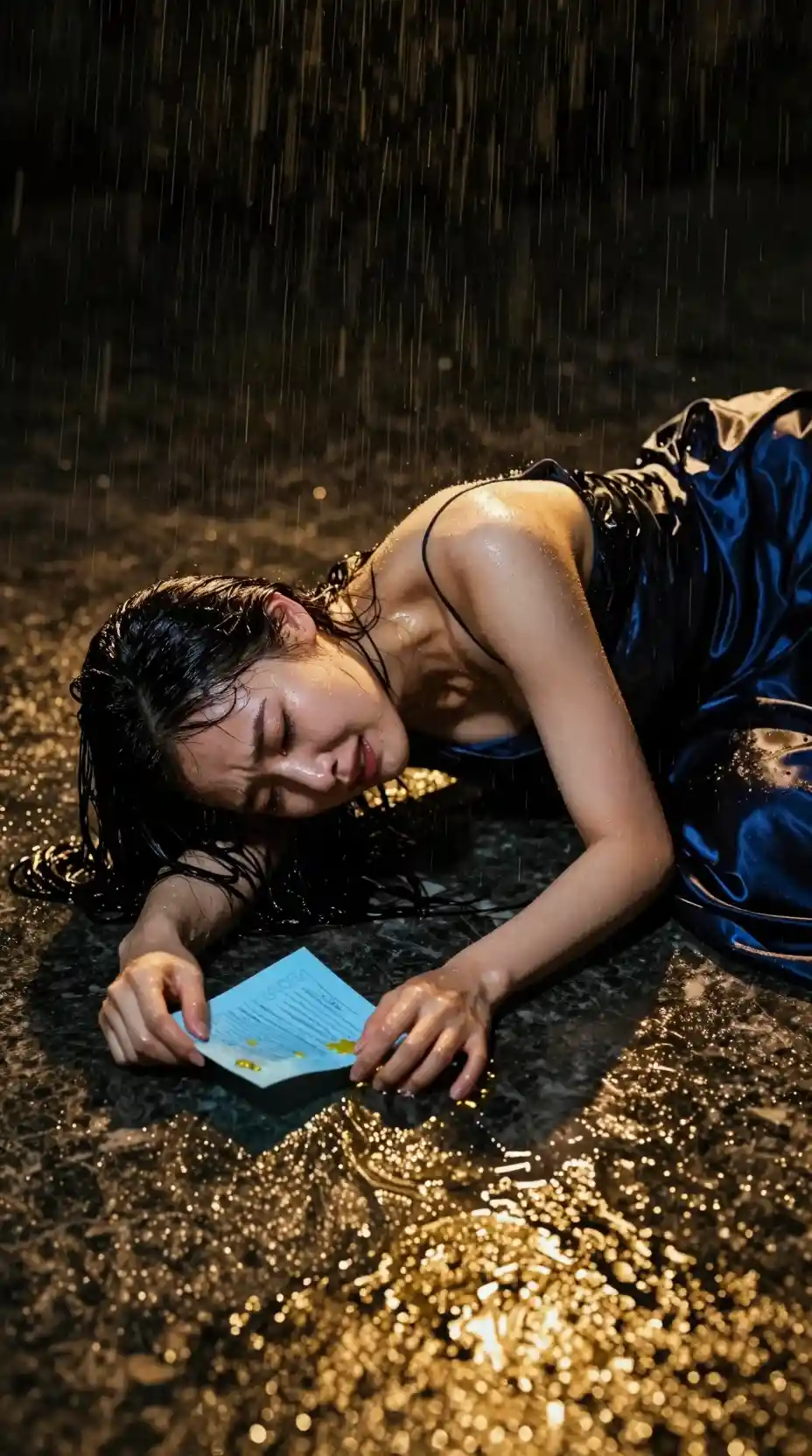 Young woman crying on wet marble floor in the rain