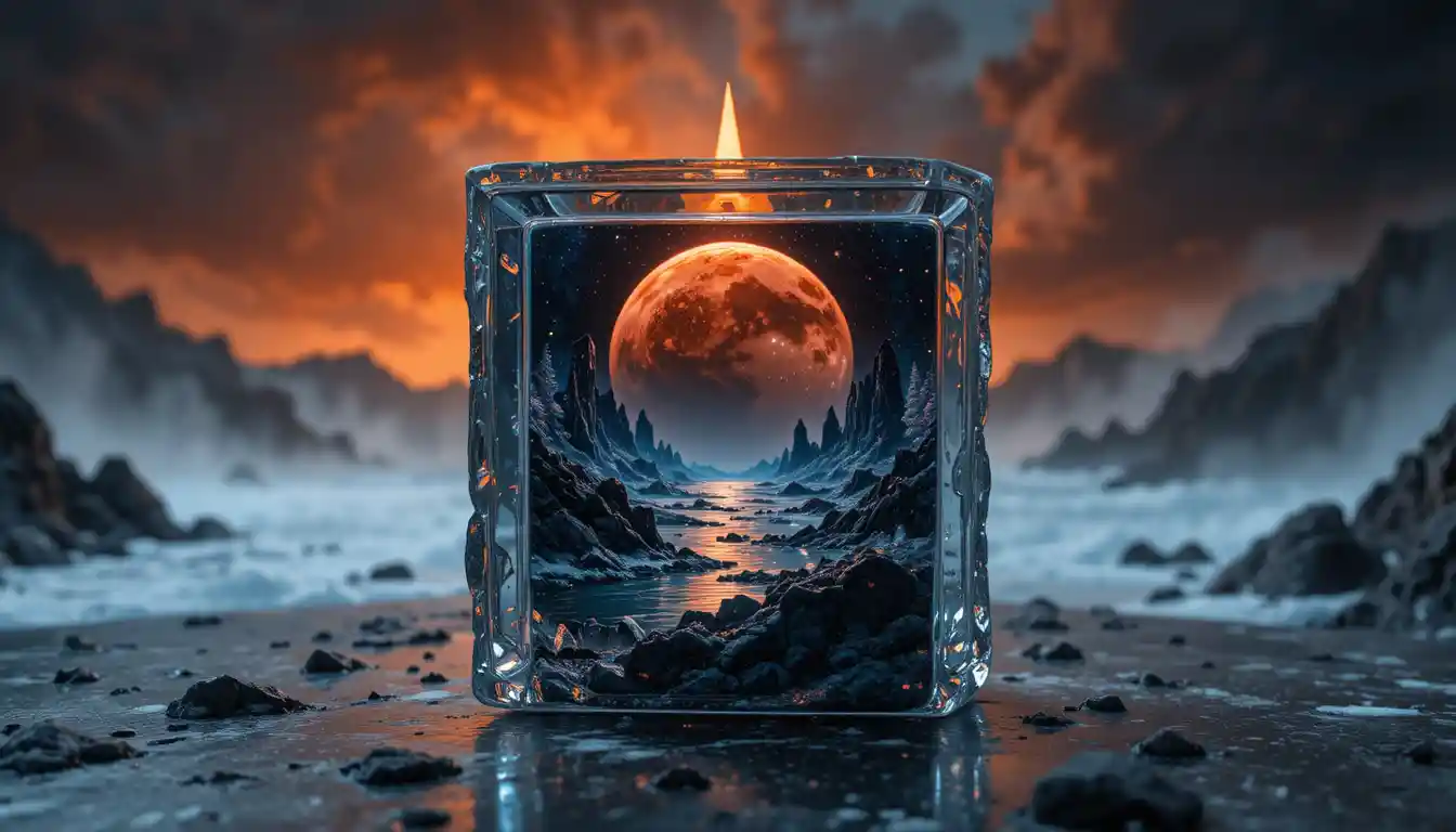 Candela su Pietra con Paesaggio Cosmico Surreale