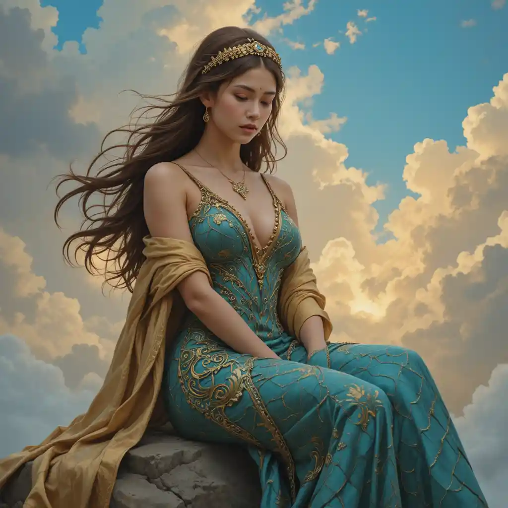Young woman in teal gown on rocky cliff at dusk