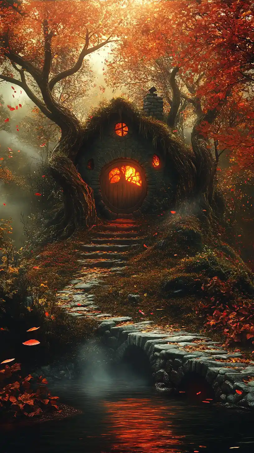 Reame di Foresta Autunnale Dark Fantasy All'interno di una Silhouette di Foglia