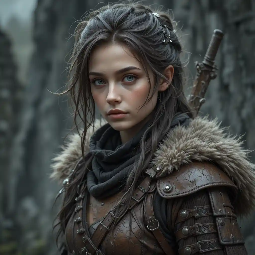 Fantasy wanderer woman in worn leather armor portrait