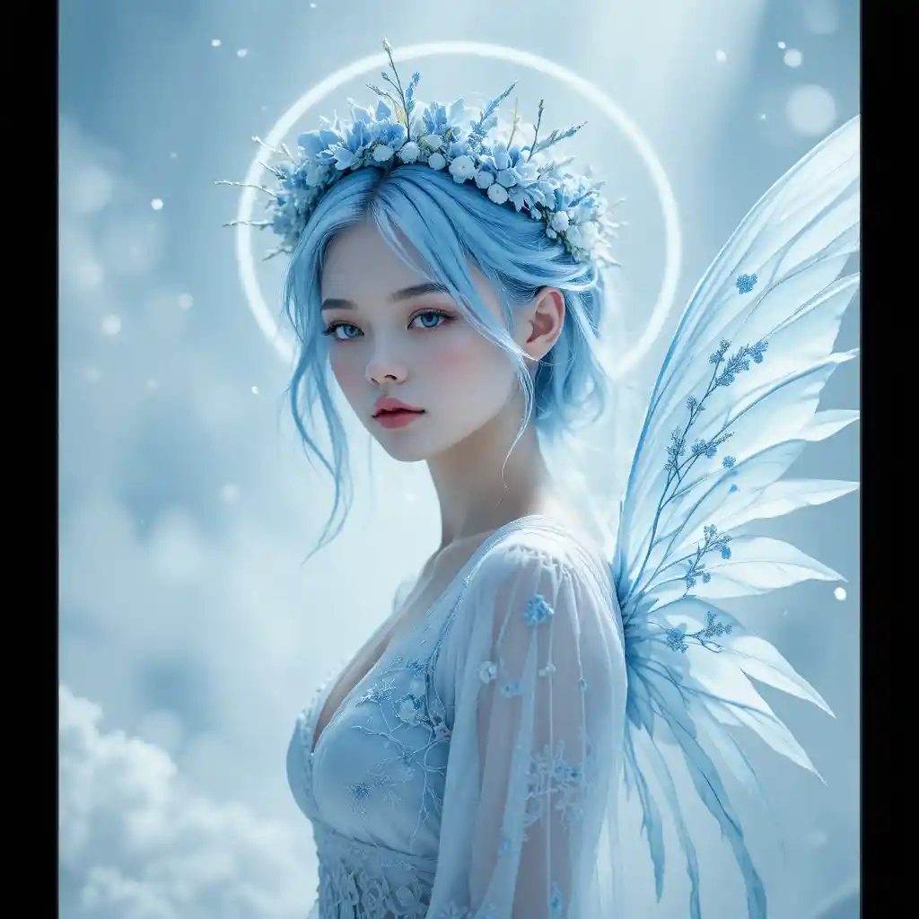 Femme ailée éthérée dans une brume lumineuse bleu glacé