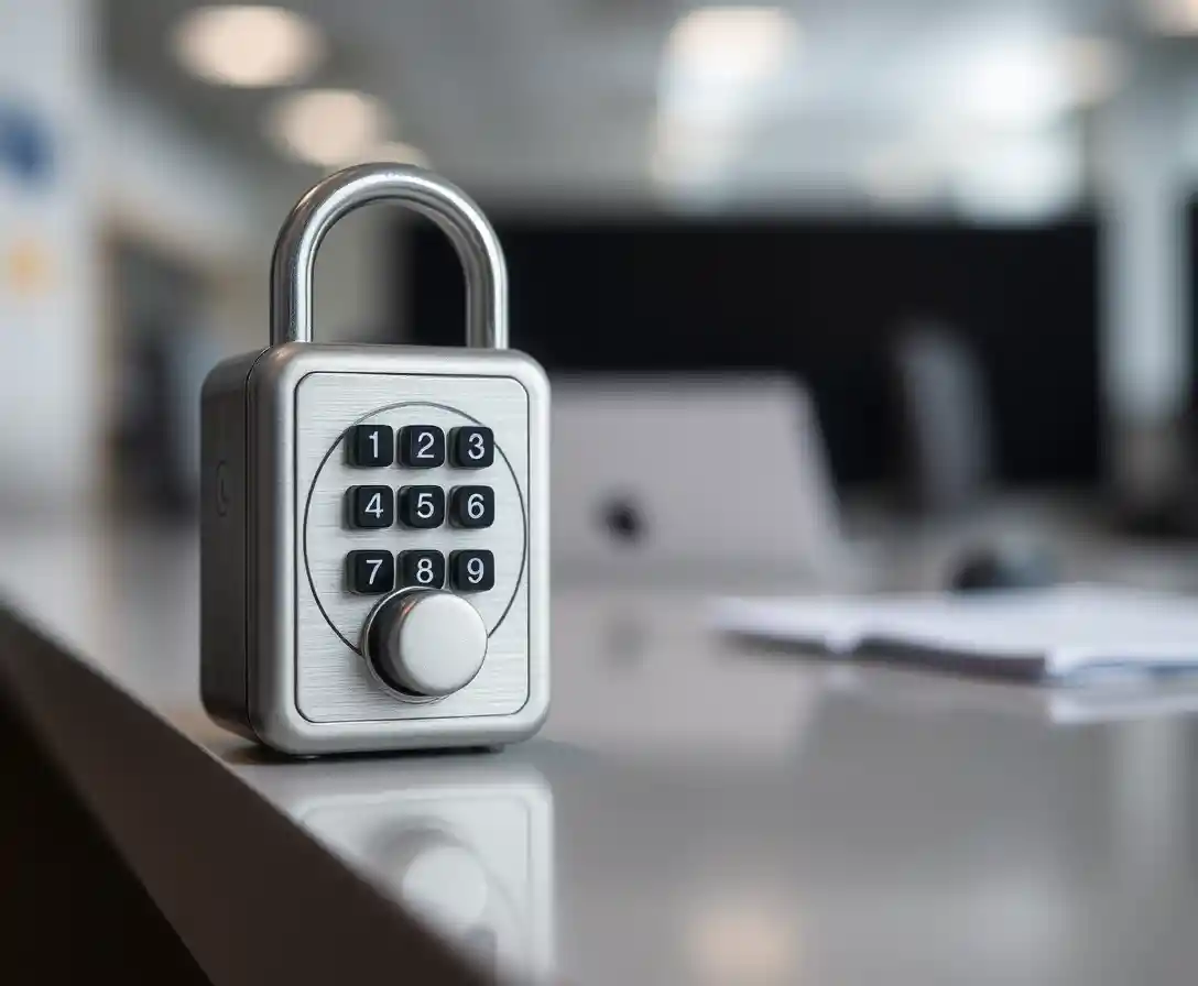 Close up miniature digital lock keypad in soft office light
