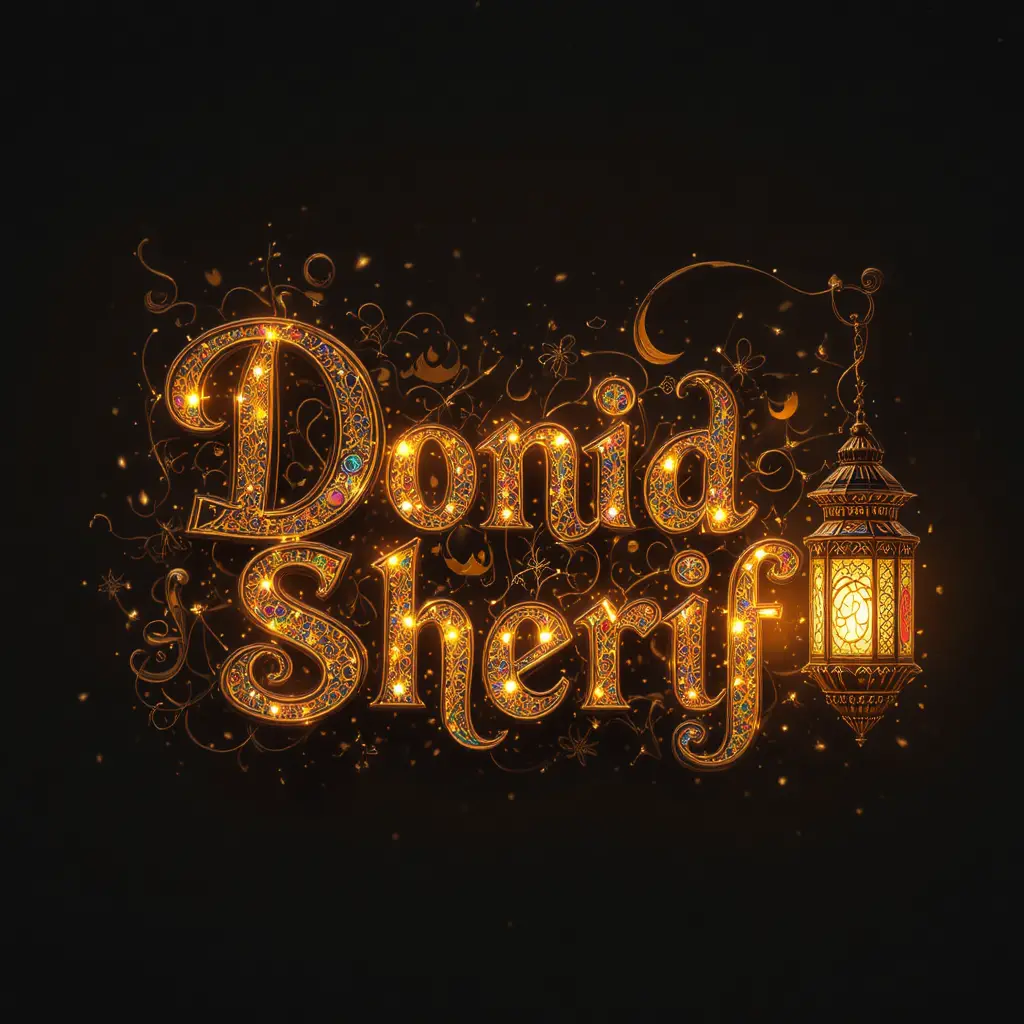 라마단 초승달과 랜턴이 어우러진 장식적인 Donia Sherif 레터링
