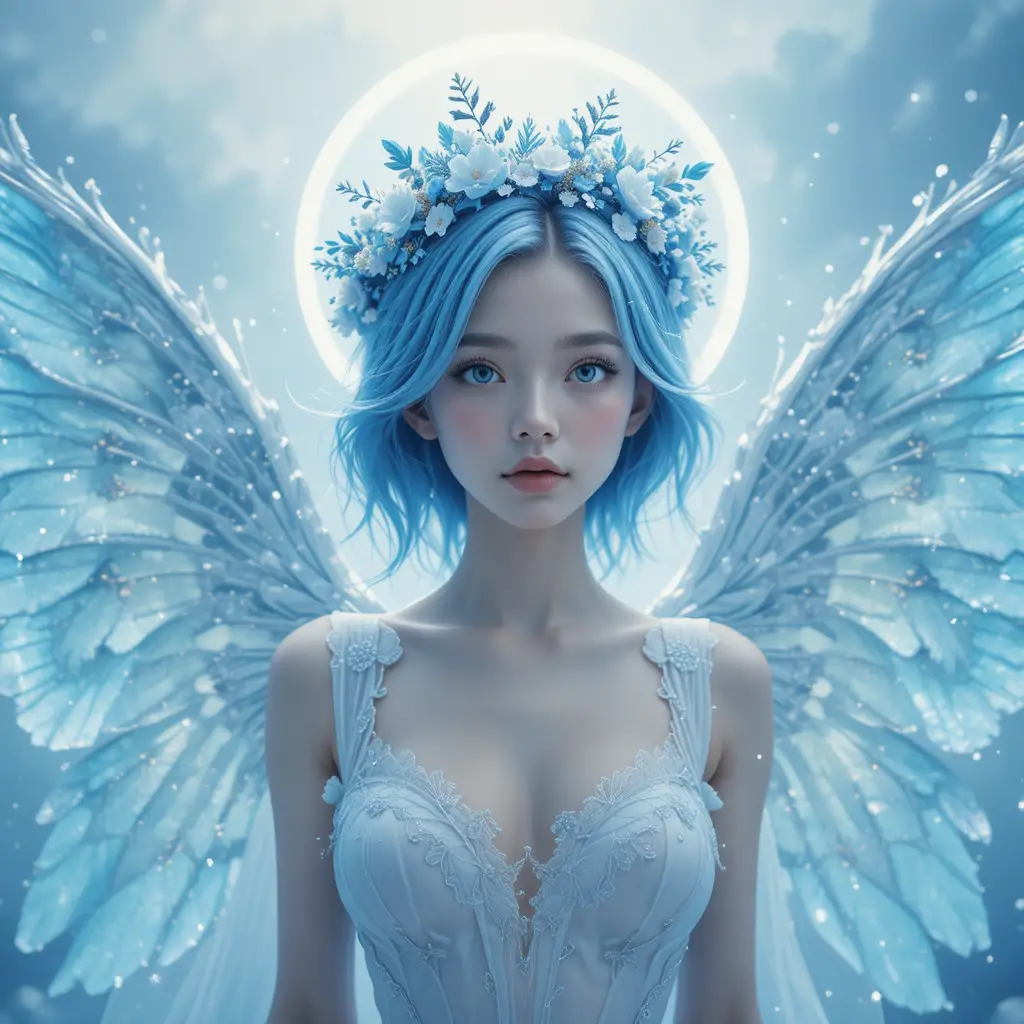 Ethereal winged woman in icy blue haloed light