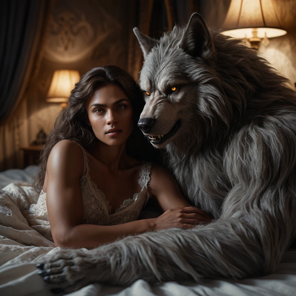 Cinematic werewolf embracing woman on linen covered bed