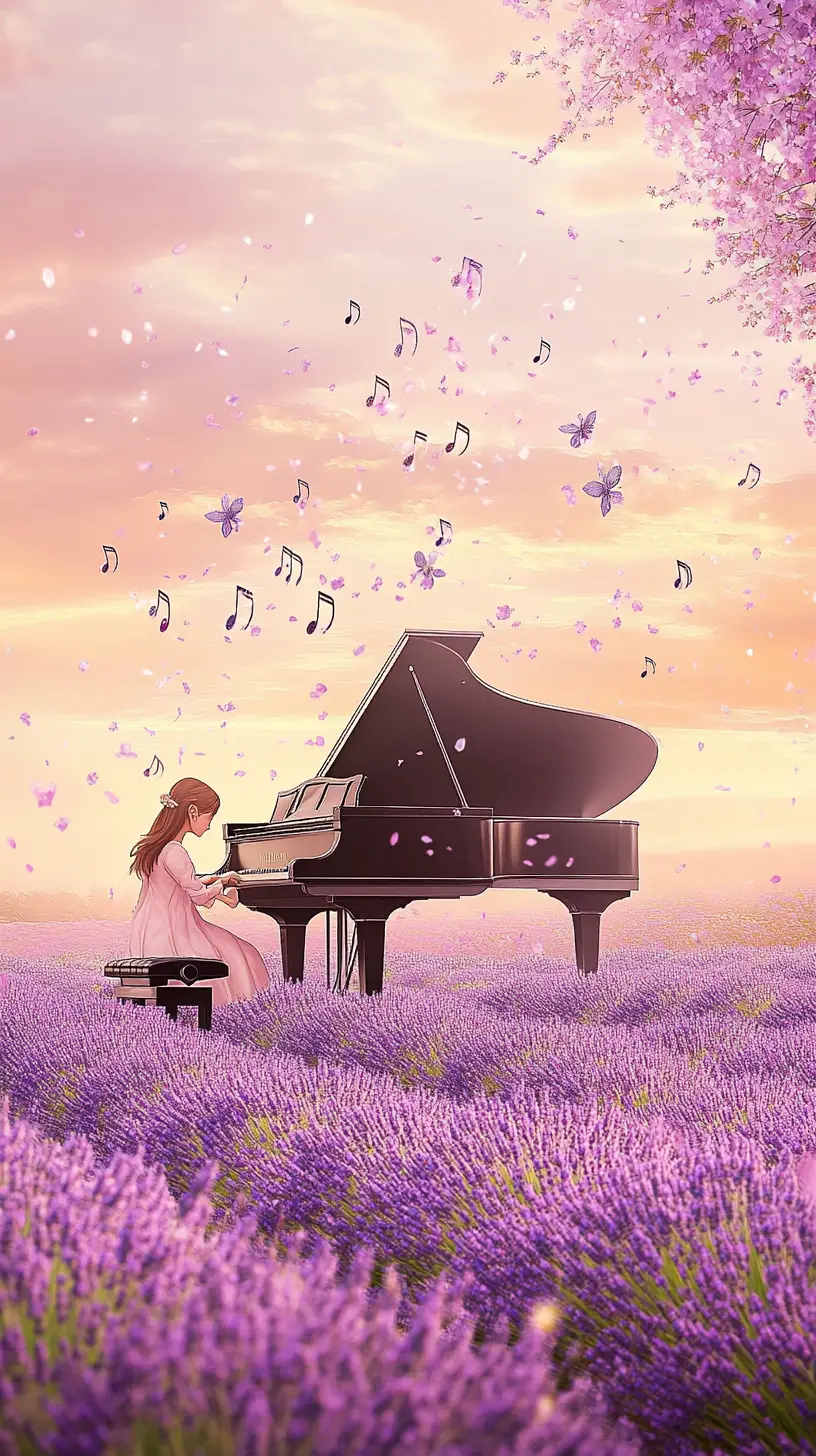 Girl Playing Piano In A Lavender Field At Sunset