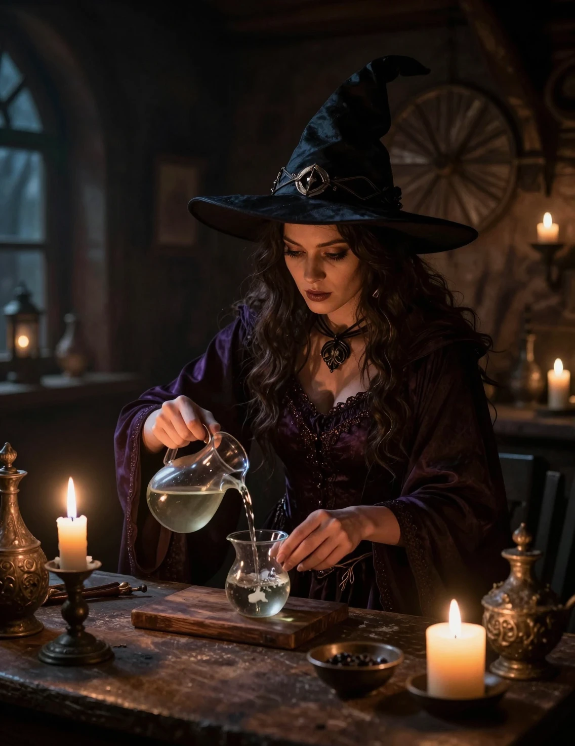 Bruja Preparando Pociones en el Interior de una Cabaña de Fantasía Oscura