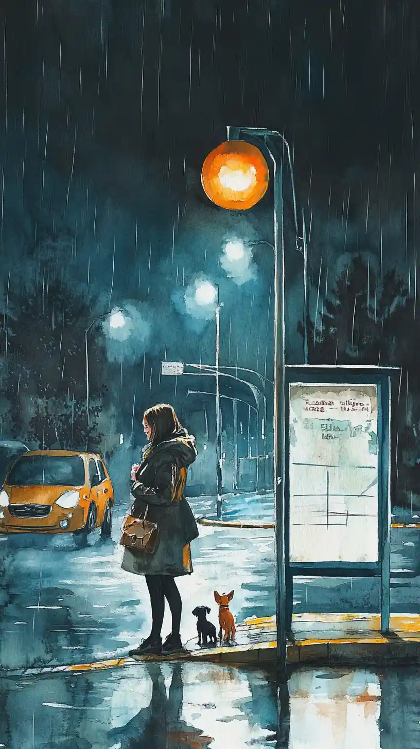 Smiling girl with small dog on rainy service station corner