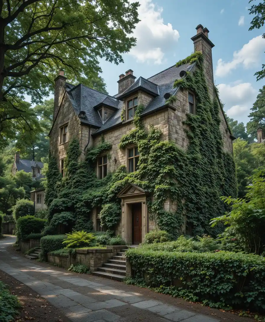 Old limestone manor house hidden in overgrown oak garden