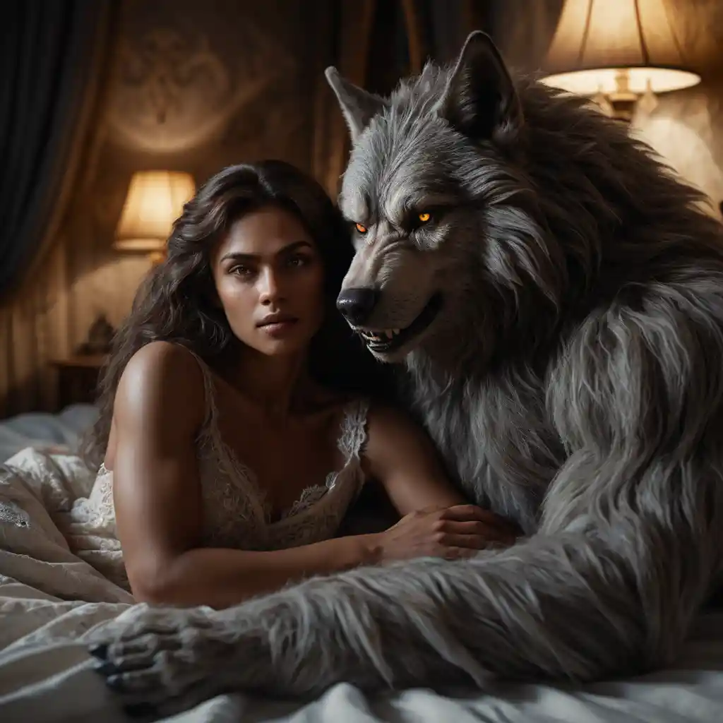 Cinematic werewolf embracing woman on linen covered bed