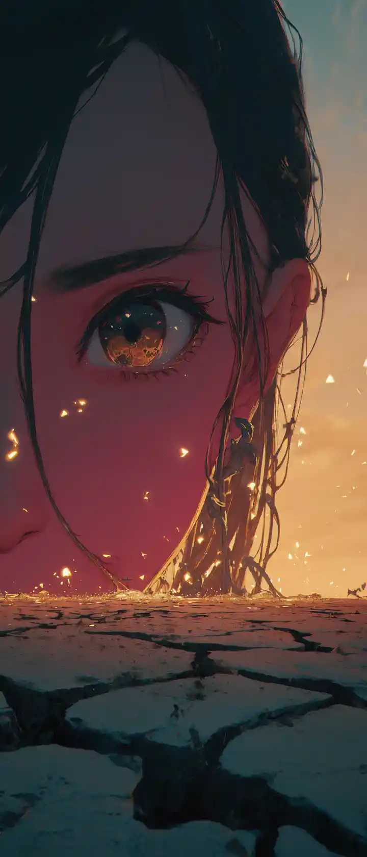 Anime girl head above cracked desert highway at dawn
