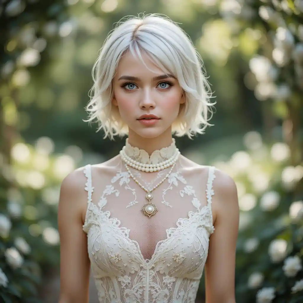 Young blonde woman in lace dress portrait outdoors