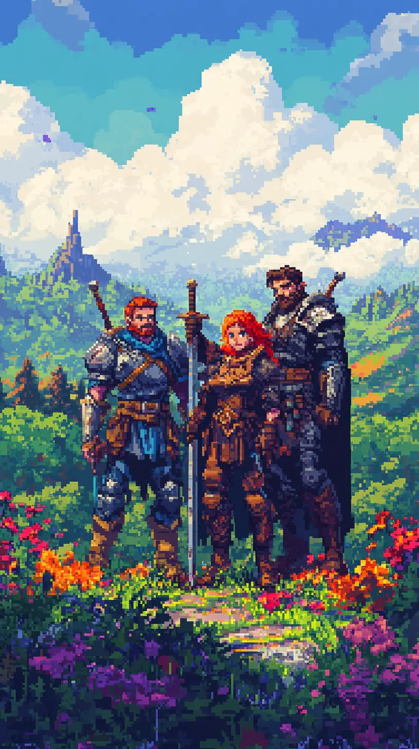 Fantasy party in a vibrant retro pixel art landscape