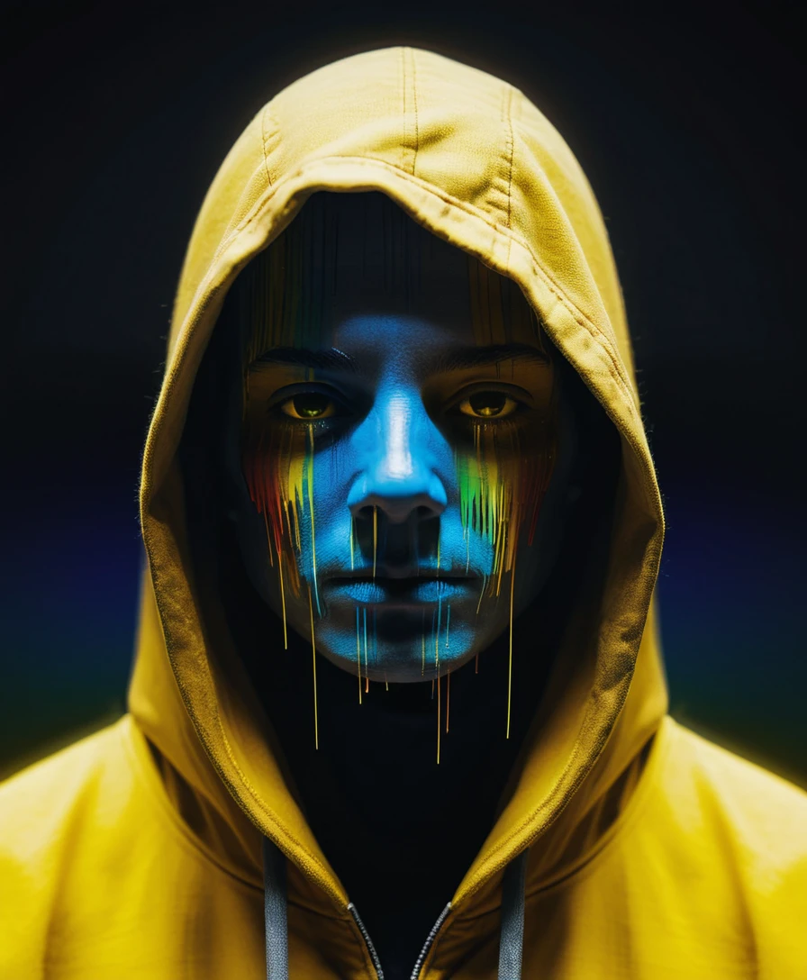Close up glitch portrait of a faceless hooded figure