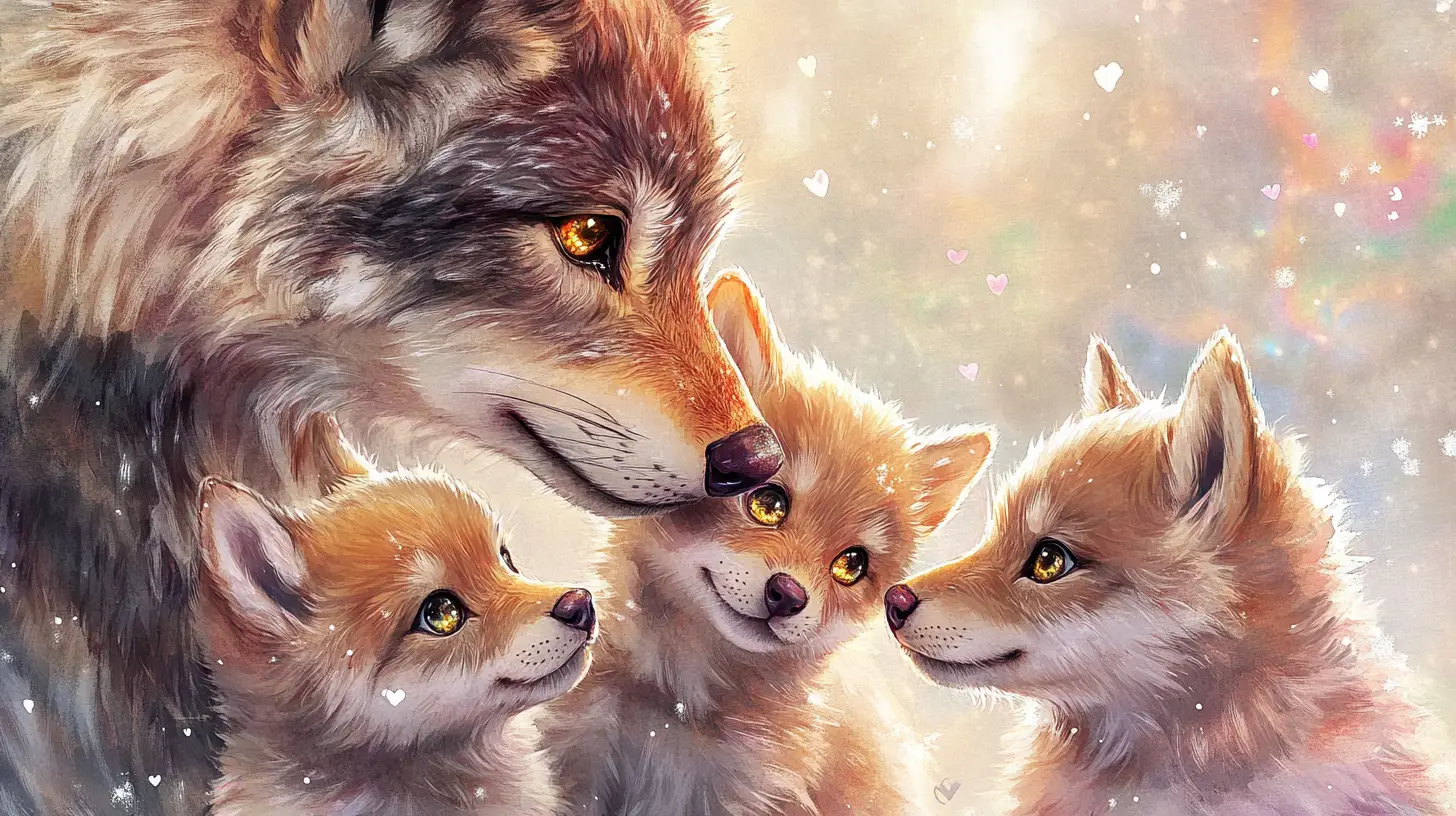 Watercolor close up of tender wolf family moment