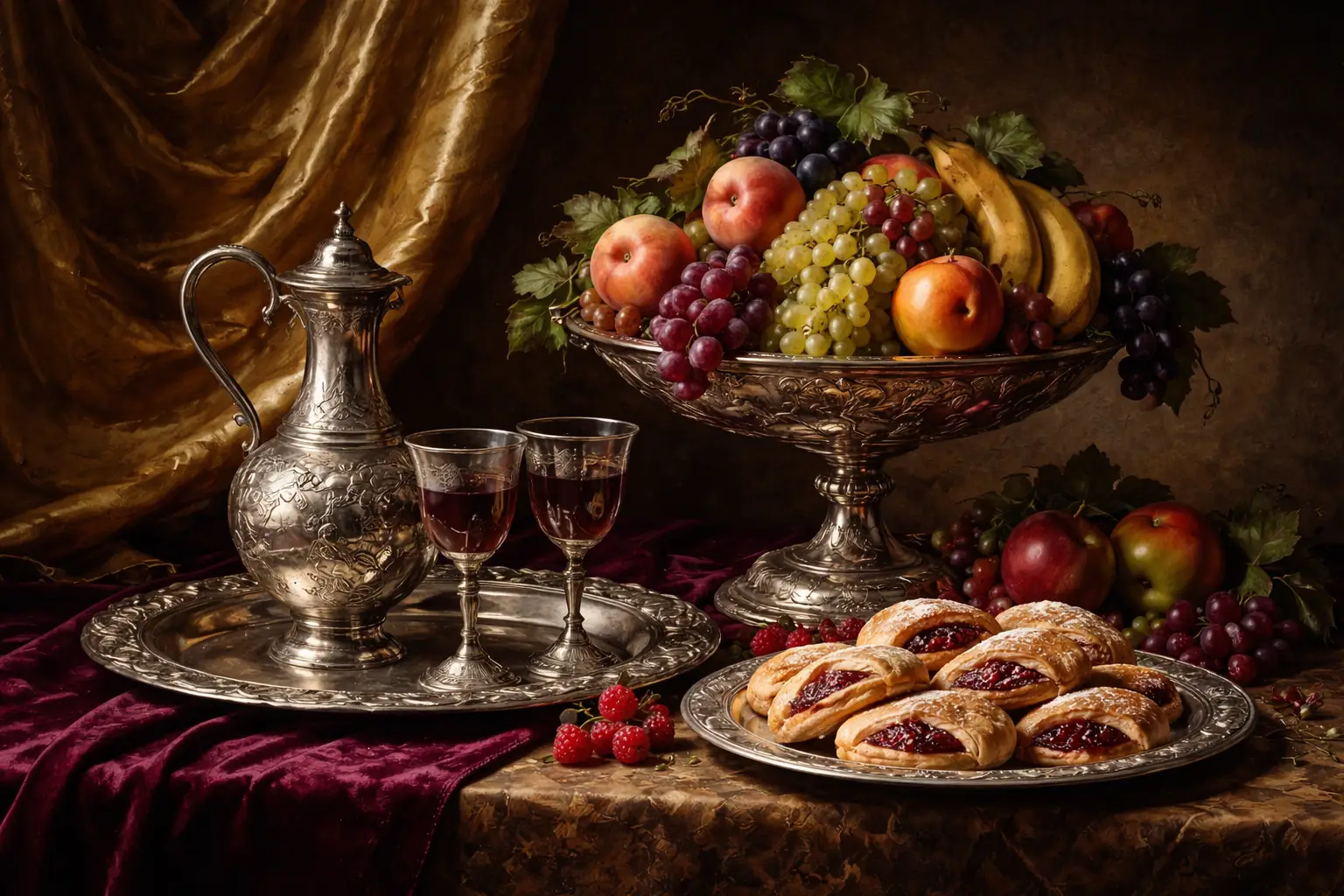 Classical still life with fruit, pastries and silver tableware