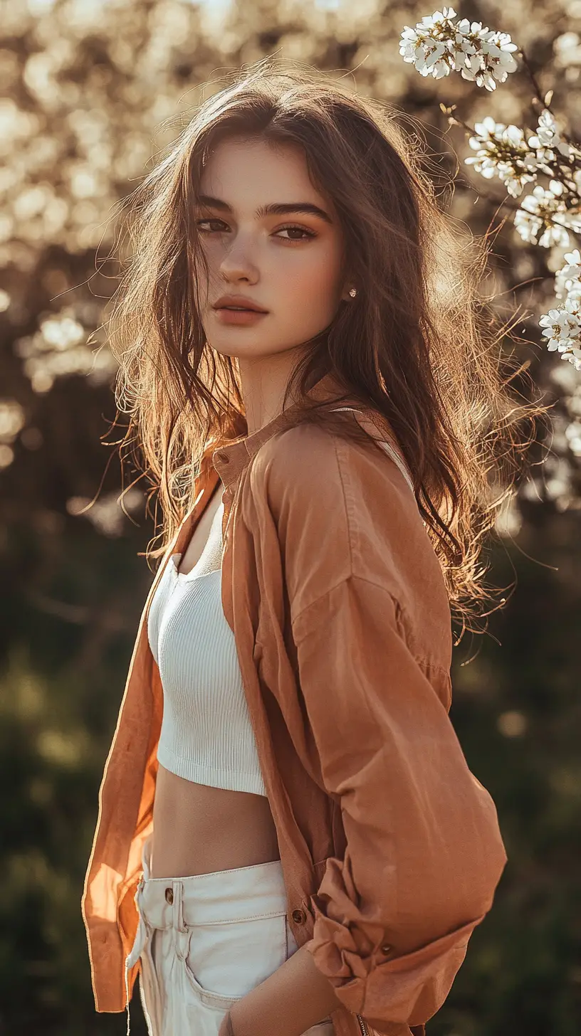 Smiling young woman in apricot vest in spring landscape