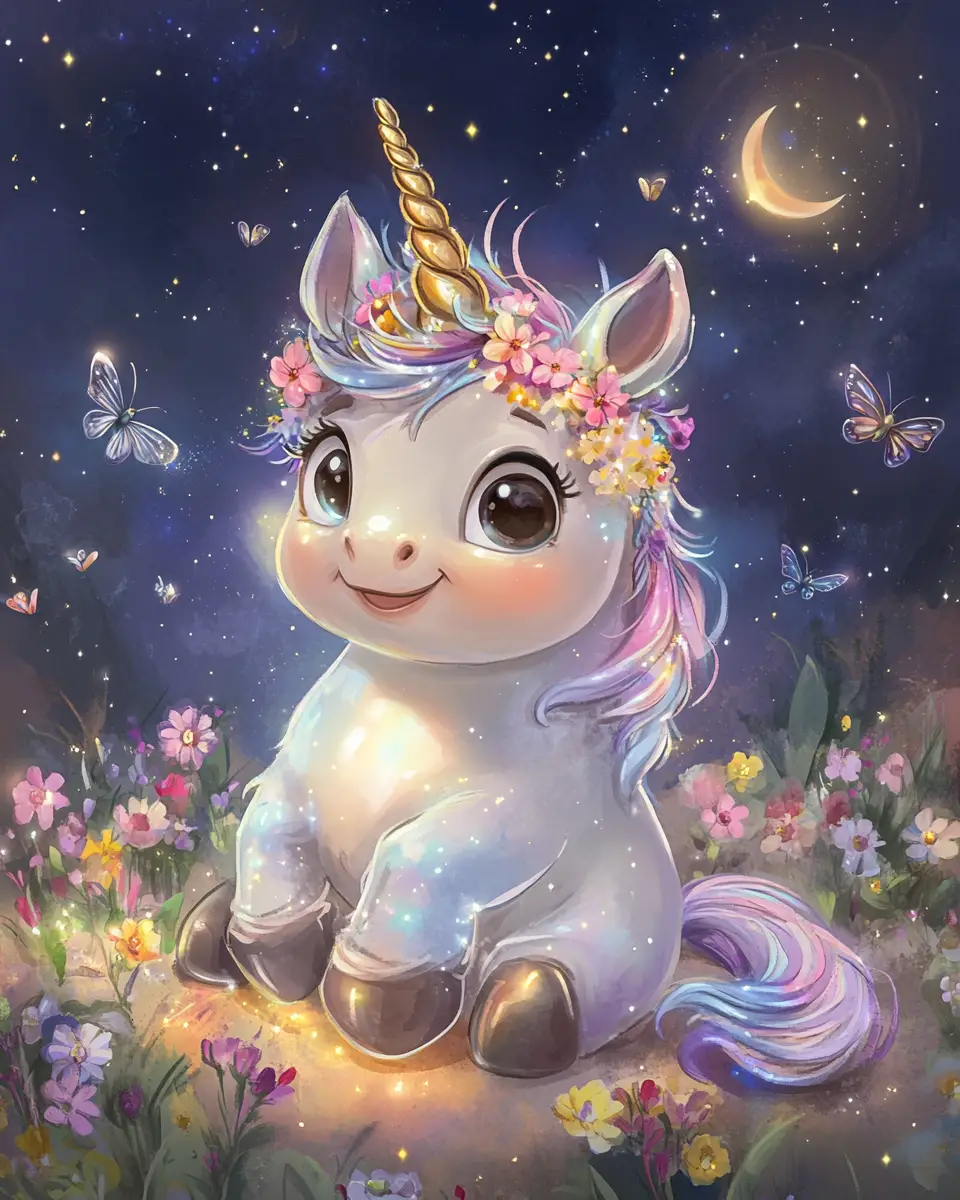 光る夜の草原のファンタジックな赤ちゃんユニコーン