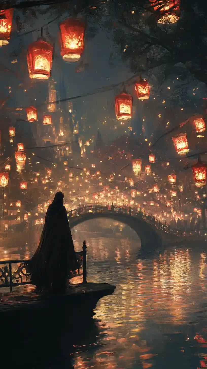Silhouetted figure on lantern lit bridge over glowing river