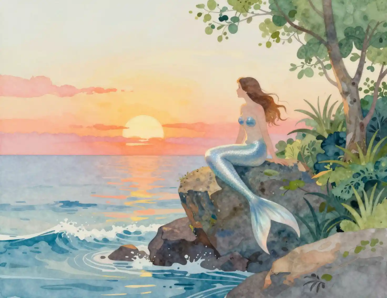 Serene mermaid rising from pastel waves at sunset