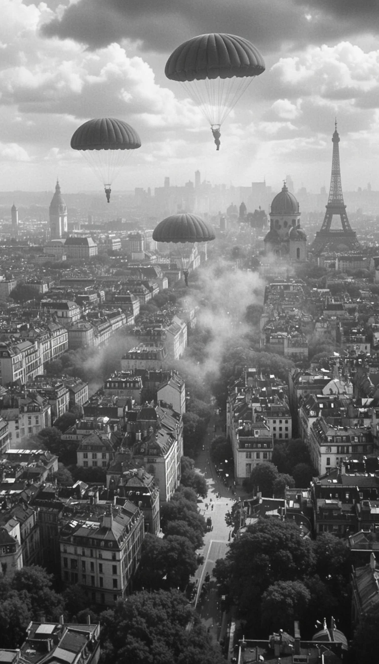 Britisches Flugzeug über der Pariser Kriegsstadtlandschaft abgeschossen