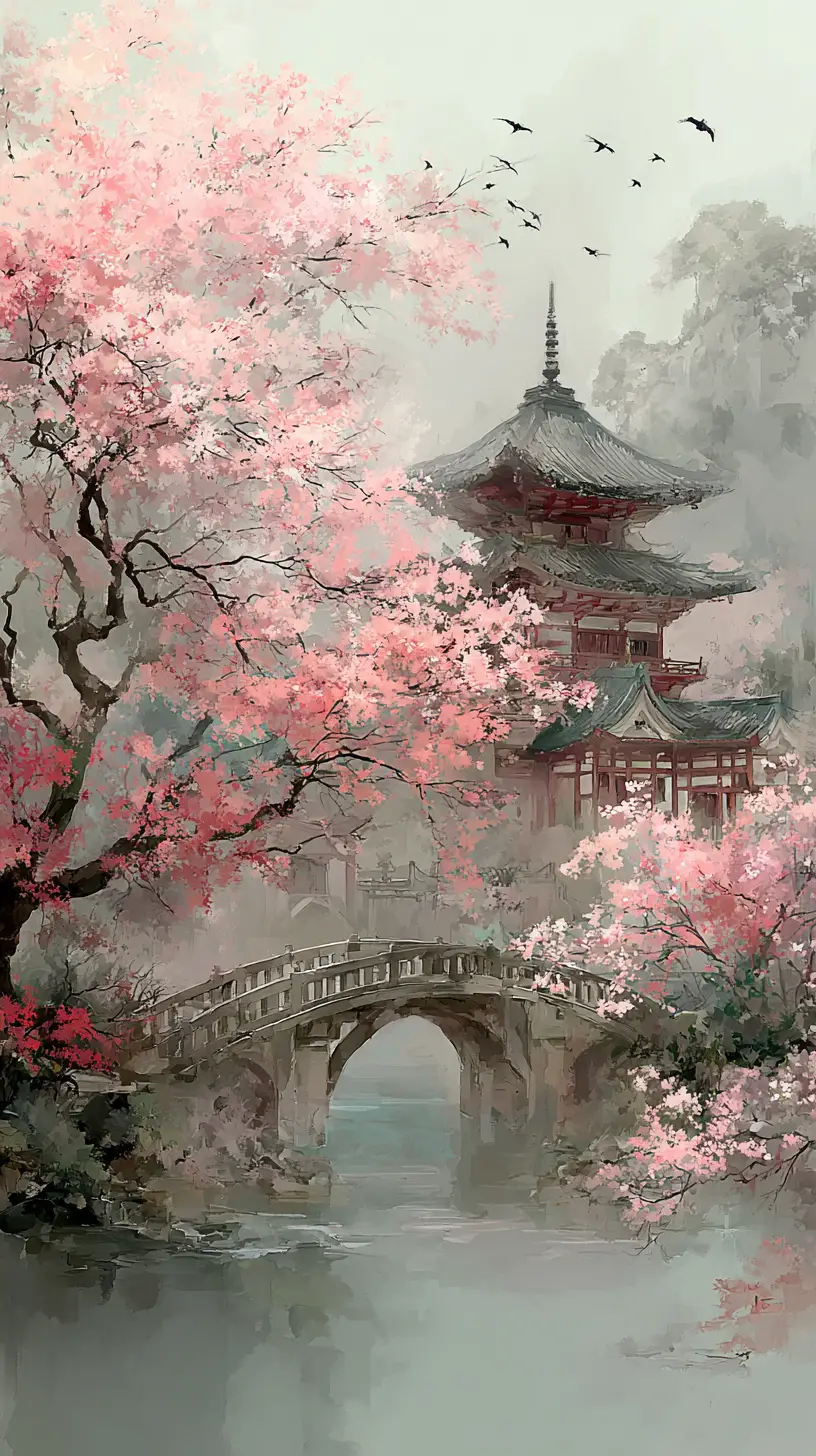 Ancient Japanese temple among cherry blossoms and mist
