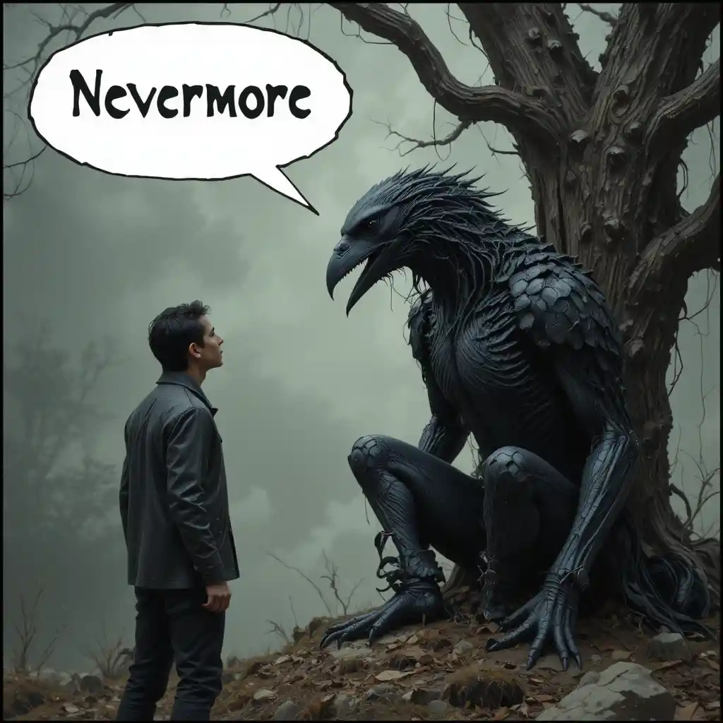 Man Shouting Nevermore At Raven In Leafless Tree