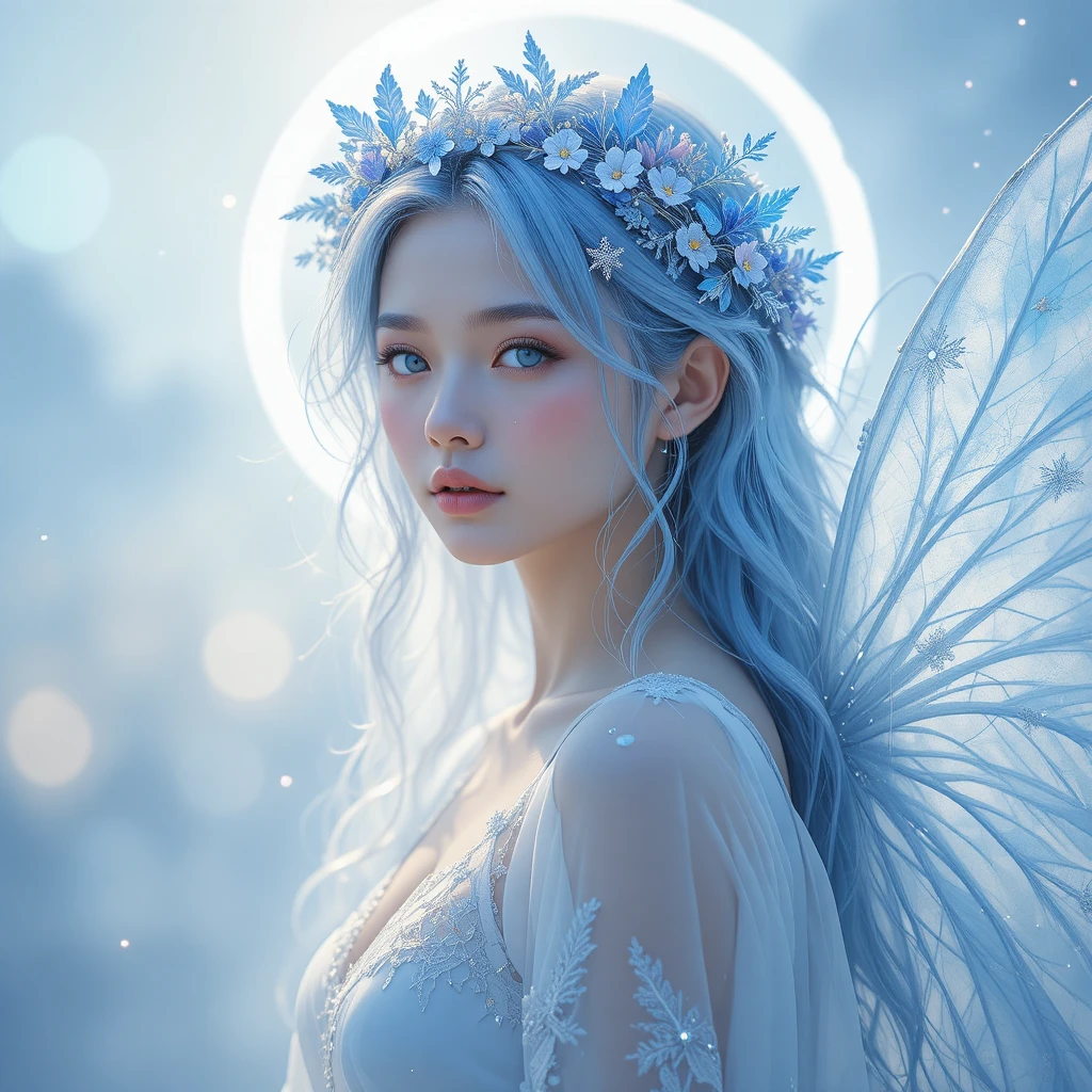 Ethereal winged woman in icy blue fantasy light