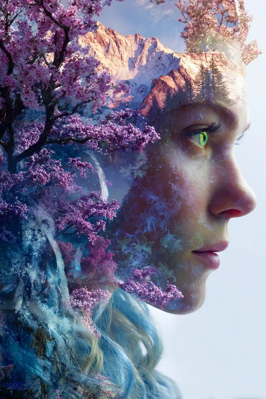 Double exposure mountain and nature goddess portrait painting