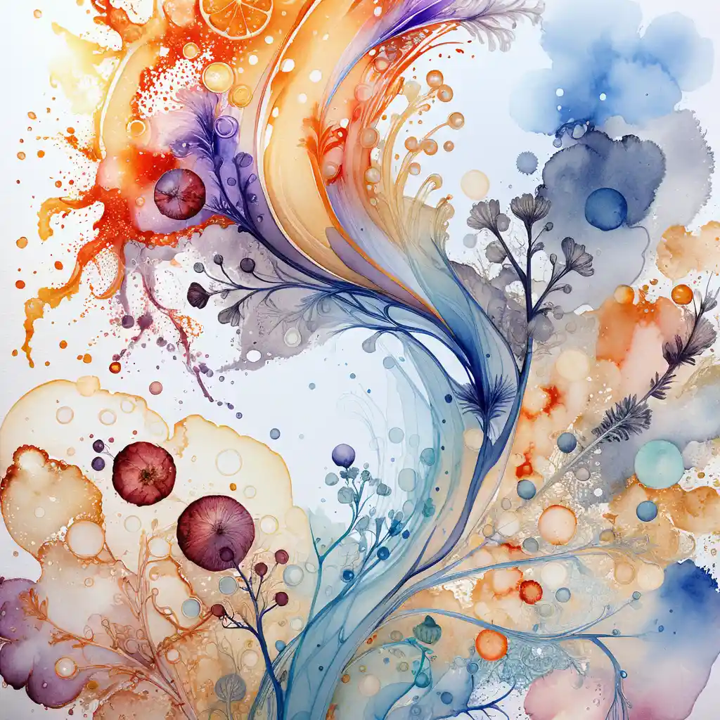 Organic abstract watercolor swirl with botanical ink details