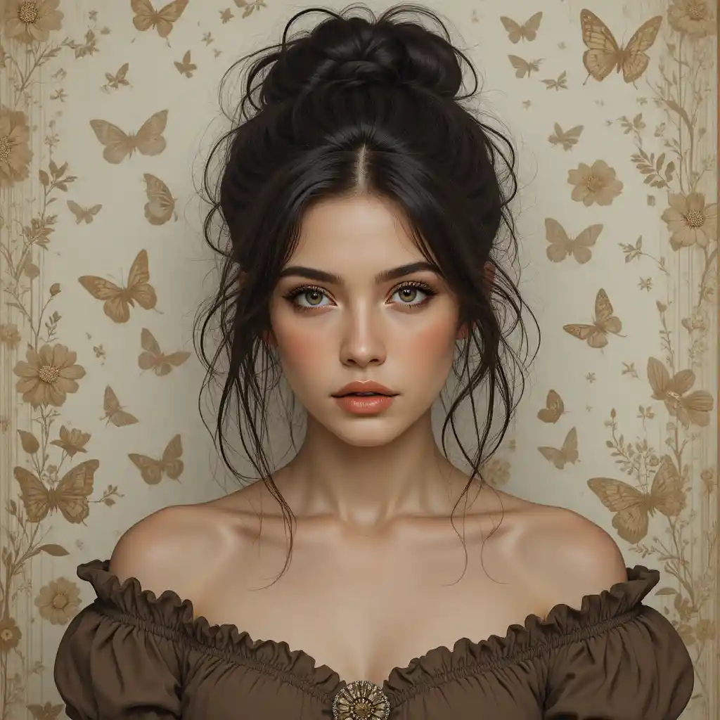 Retrato de jovem mulher com olhos cor de avelã e fundo floral