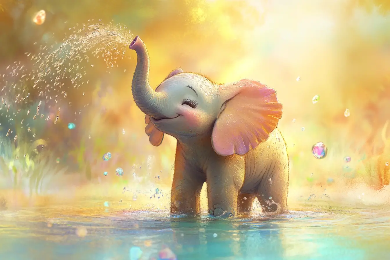 Baby elephant spraying rainbow water in jungle sunrise