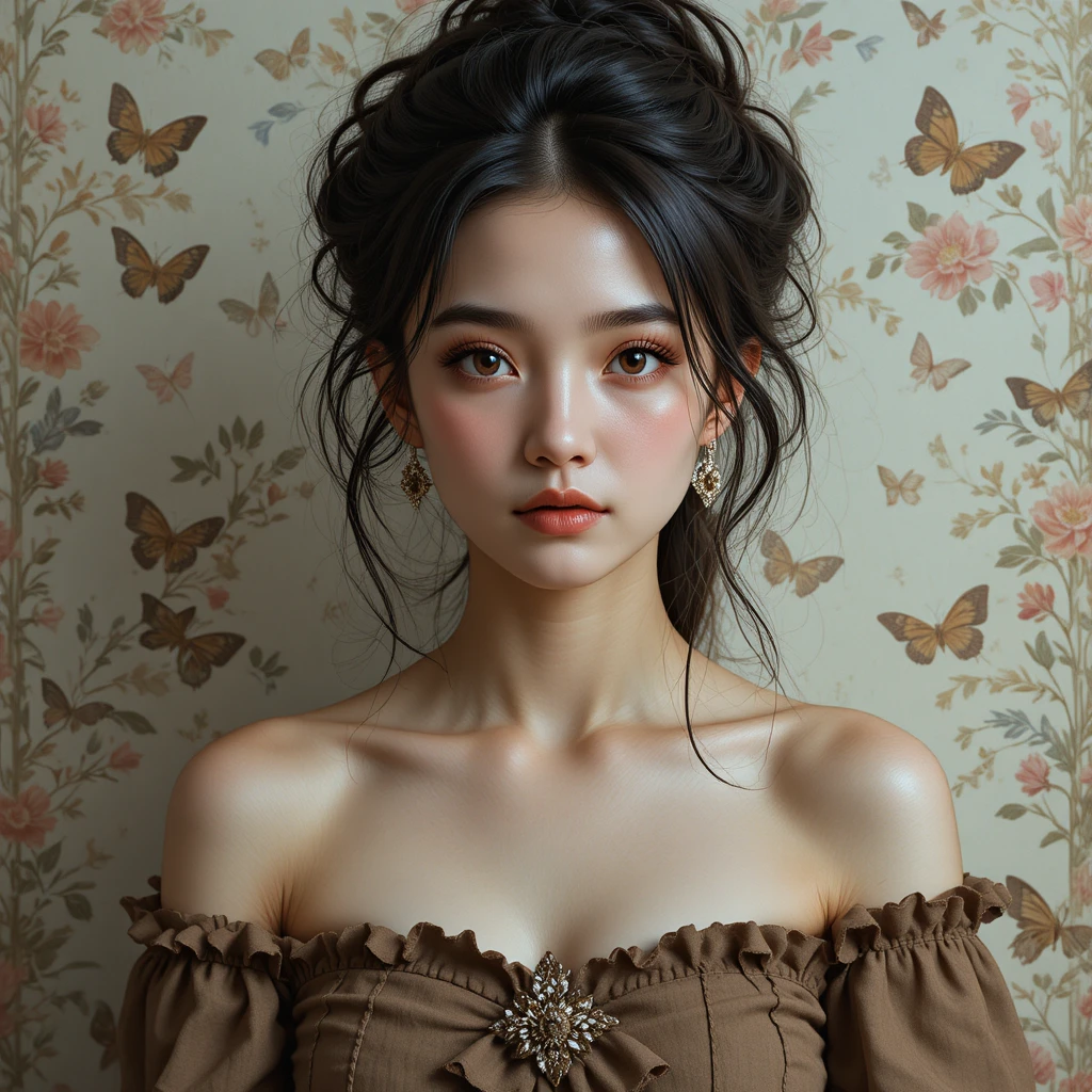 Young woman portrait with hazel eyes and floral background