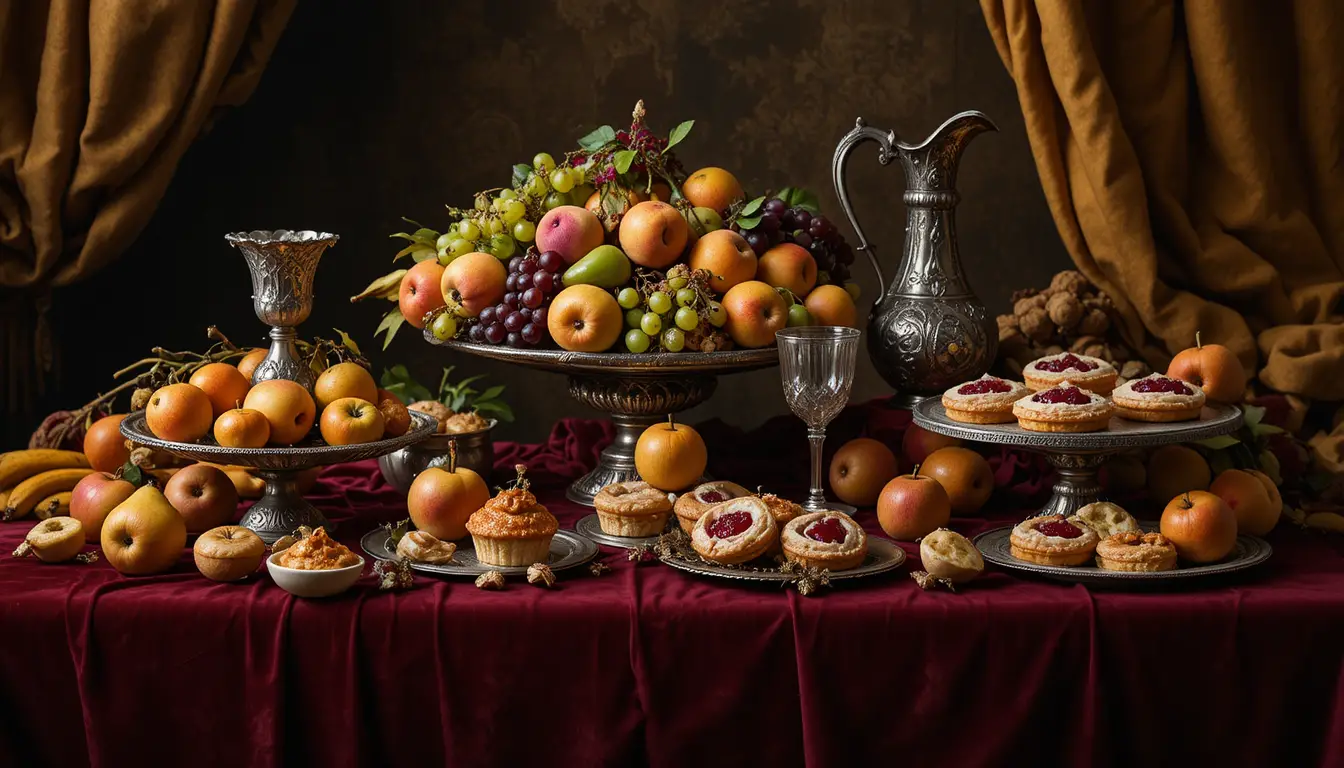 Naturaleza muerta opulenta con pasteles de frutas y cubertería de plata
