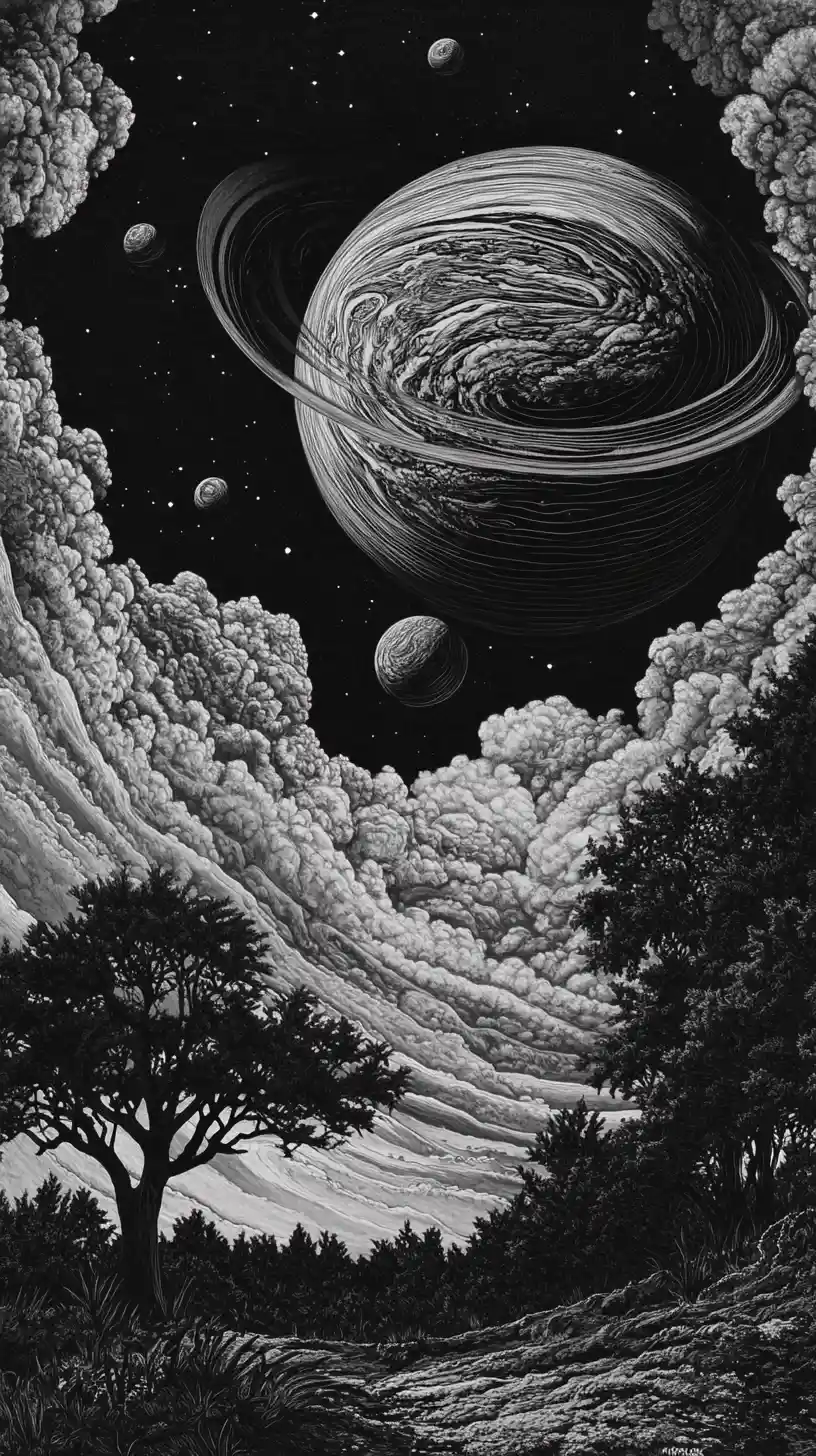 Surreal ringed planets in a vast woodcut cosmic landscape