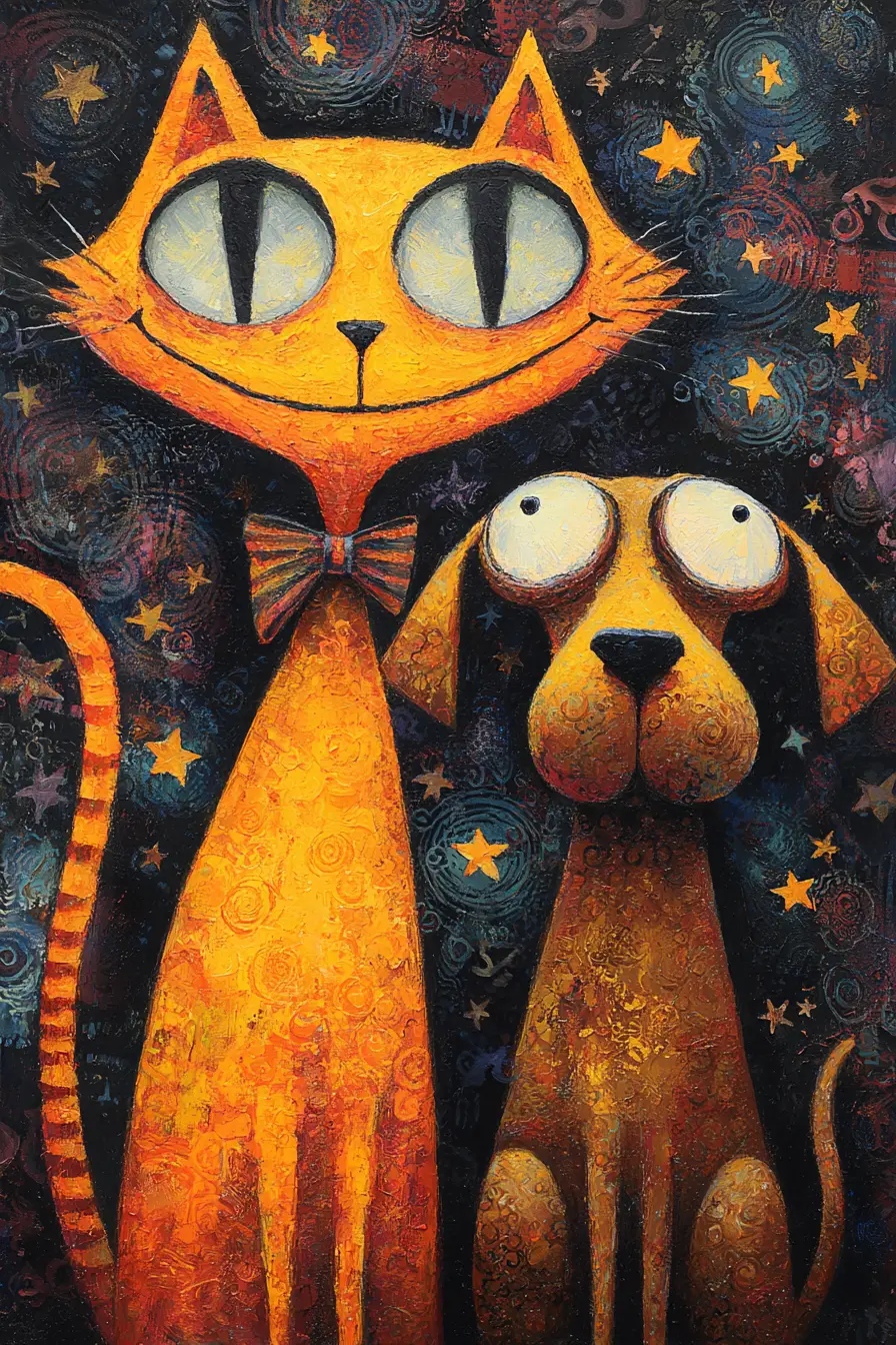 Verspielte orangefarbene Katze und Hund in einer psychedelischen Sternenszene