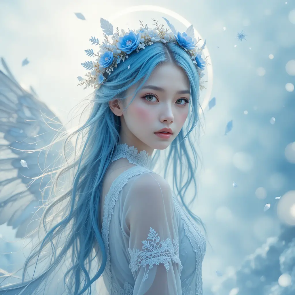 Ethereal winged woman in icy blue haloed light