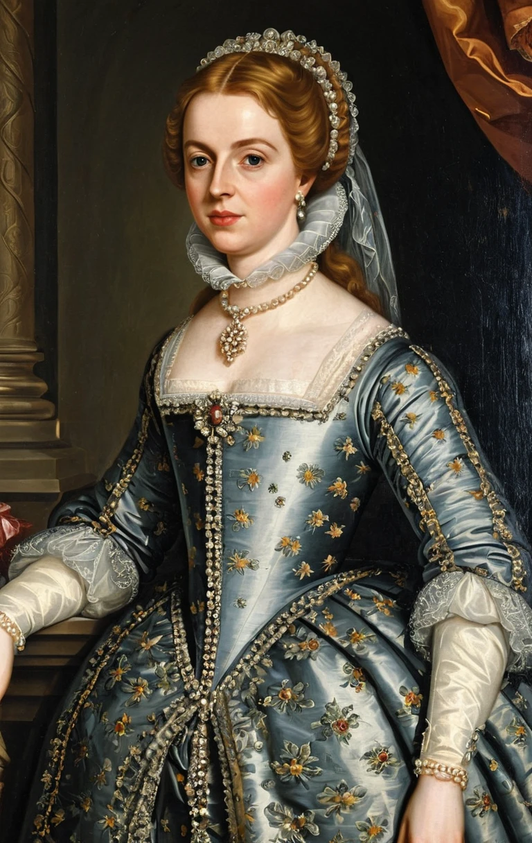 Seated English countess in ornate baroque portrait clothing