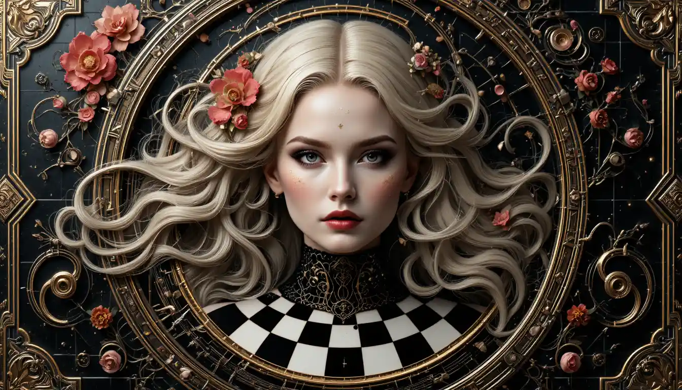 Gothic-Porträt einer blonden Frau mit floralen und metallischen Details