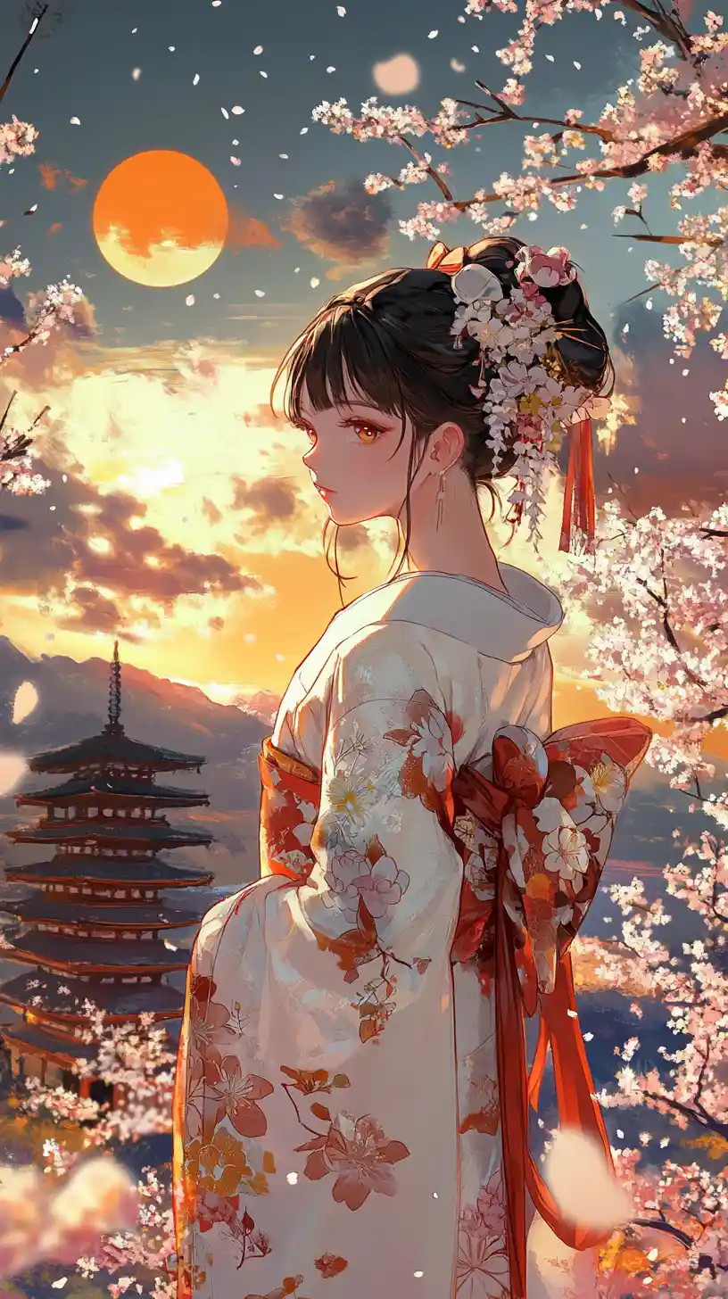 Anime woman in floral kimono under cherry blossoms