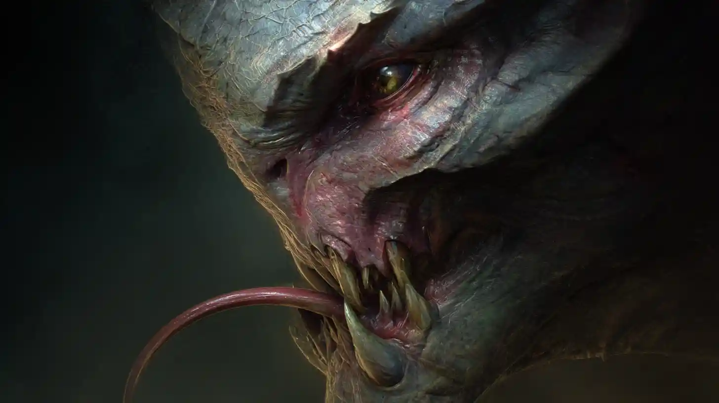 Rostro de monstruo de perfil grotesco con lengua bífida
